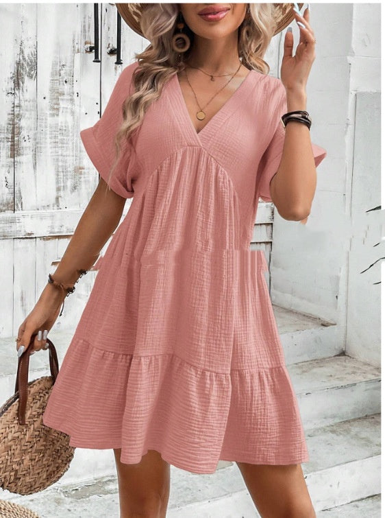 Vacation Style Big Ruffle V-Neck Solid Color Loose Short Skirt