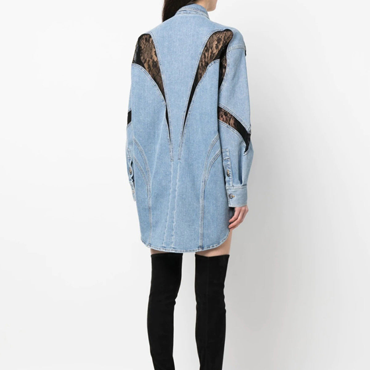 Lace Contrast-Color Oversized Shirt-Style Denim Jacket Coat