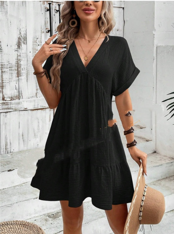 Vacation Style Big Ruffle V-Neck Solid Color Loose Short Skirt